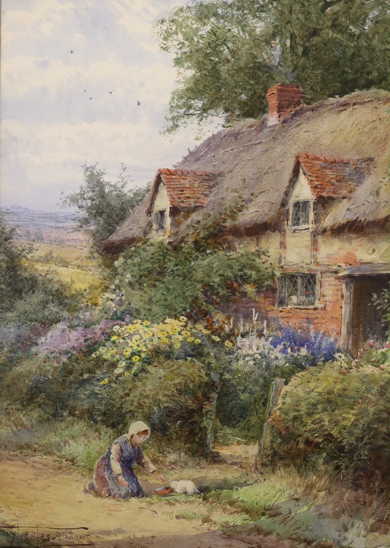 Henry John Sylvester Stannard (1870-1951), watercolour, Child and kitten beside a thatched cottage, signed, 35 x 25cm